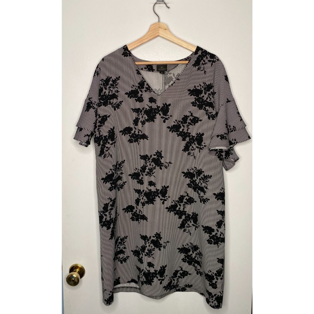 Worthington Dress Black & White Floral & Stripe 100% Polyester Size L